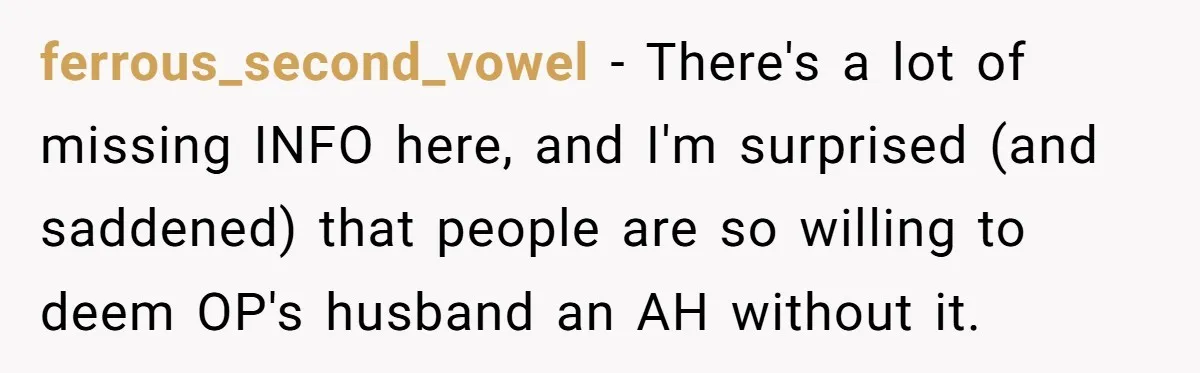 ferrous_second_vowel − There's a lot of missing INFO here, and I'm surprised (and saddened) that people are so willing to deem OP's husband an AH without it.