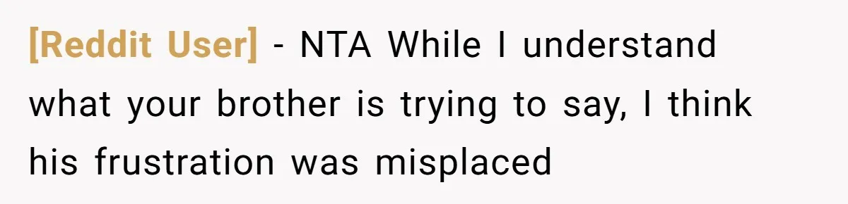 [Reddit User] − NTA While I understand what your brother is trying to say, I think his frustration was misplaced