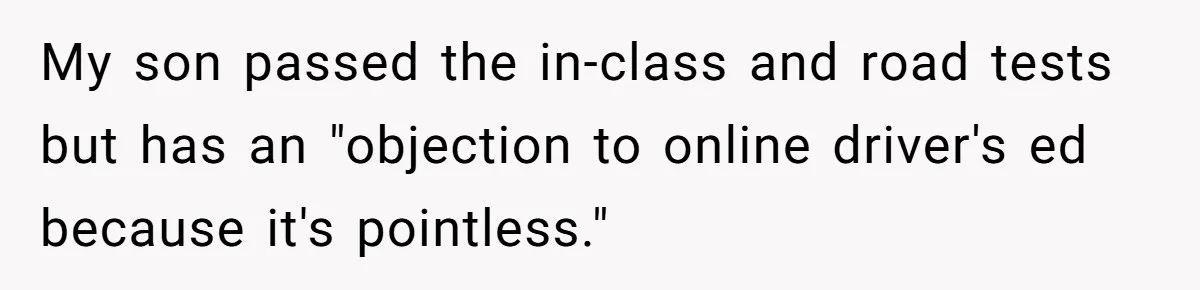 My son passed the in-class and road tests but has an "objection to online driver's ed because it's pointless."
