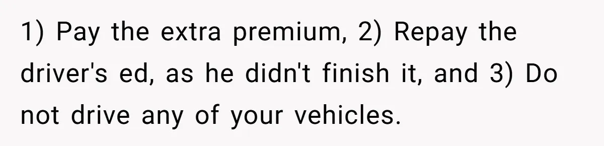1) Pay the extra premium, 2) Repay the driver's ed, as he didn't finish it, and 3) Do not drive any of your vehicles.