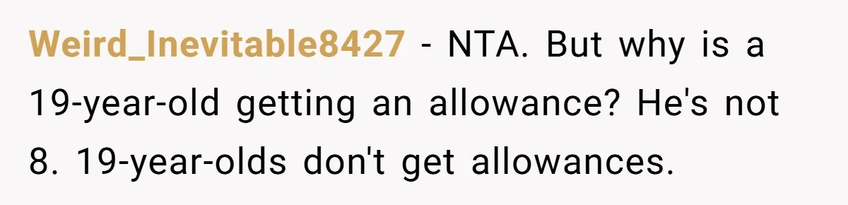 Weird_Inevitable8427 − NTA. But why is a 19-year-old getting an allowance? He's not 8. 19-year-olds don't get allowances.