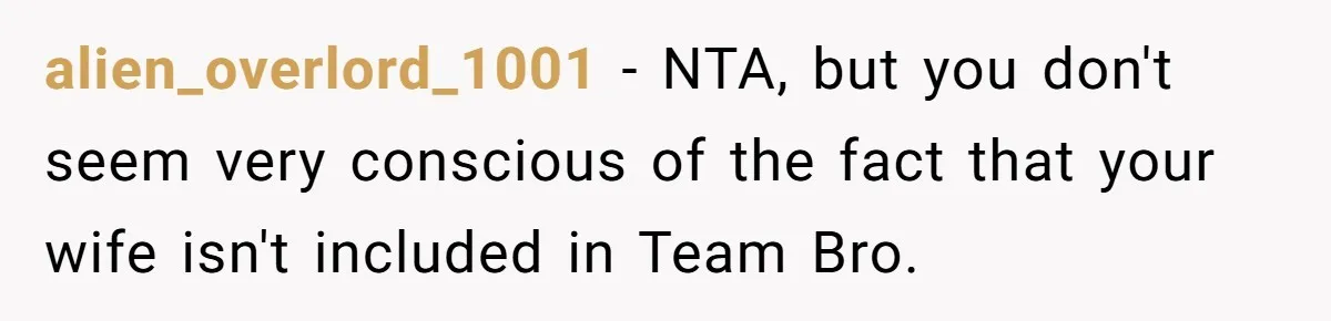 alien_overlord_1001 − NTA, but you don't seem very conscious of the fact that your wife isn't included in Team Bro.