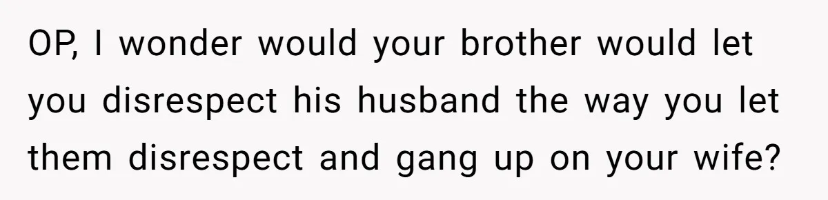 OP, I wonder would your brother would let you disrespect his husband the way you let them disrespect and gang up on your wife?