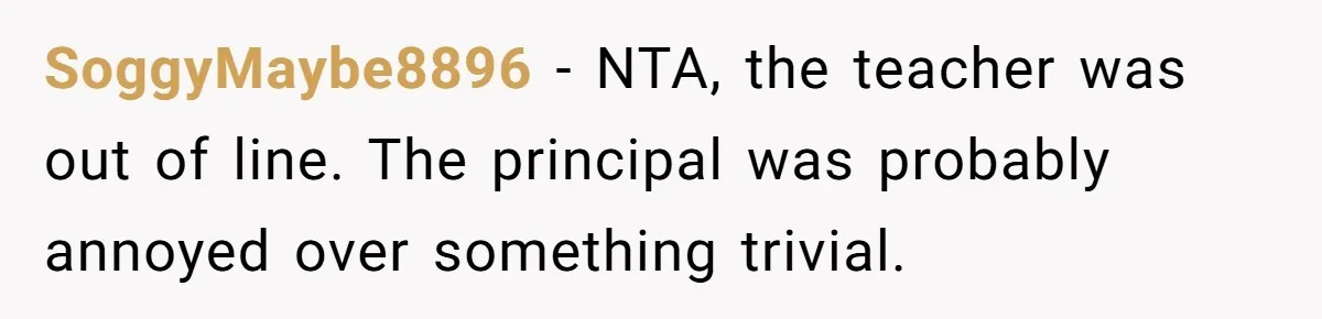 SoggyMaybe8896 − NTA, the teacher was out of line. The principal was probably annoyed over something trivial.