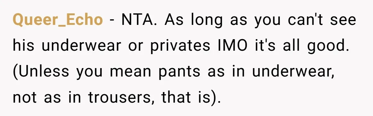 Queer_Echo − NTA. As long as you can't see his underwear or privates IMO it's all good. (Unless you mean pants as in underwear, not as in trousers, that is).