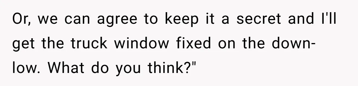 Control Freak Mom Hides Tracker In Daughter's Bag, Then Gets Rotten Potato Revenge Mailed Back Or, we can agree to keep it a secret and I'll get the truck window fixed on the down-low. What do you think?"