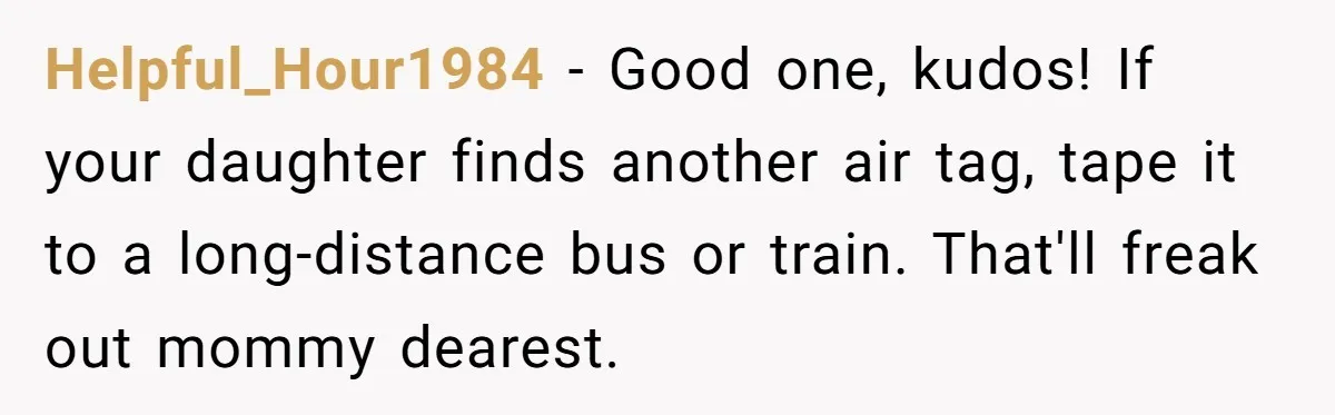 Control Freak Mom Hides Tracker In Daughter's Bag, Then Gets Rotten Potato Revenge Mailed Back Helpful_Hour1984 − Good one, kudos! If your daughter finds another air tag, tape it to a long-distance bus or train. That'll freak out mommy dearest.