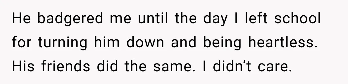 He badgered me until the day I left school for turning him down and being heartless. His friends did the same. I didn’t care.