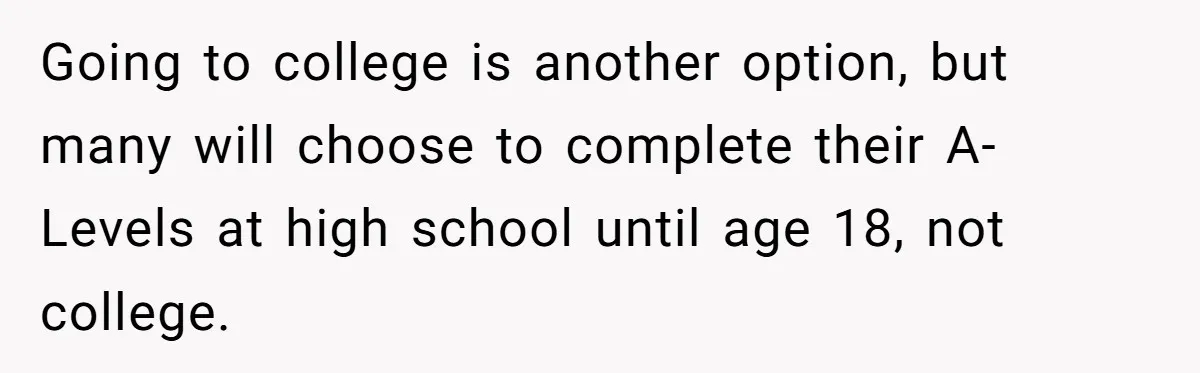 Going to college is another option, but many will choose to complete their A-Levels at high school until age 18, not college.