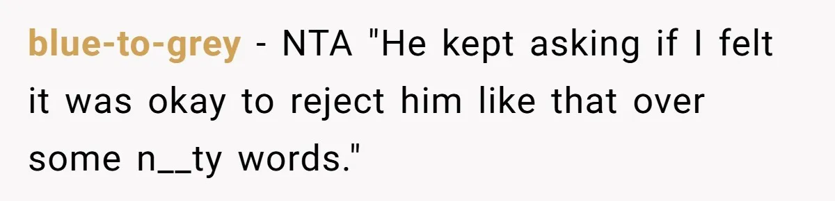 blue-to-grey − NTA "He kept asking if I felt it was okay to reject him like that over some n__ty words."