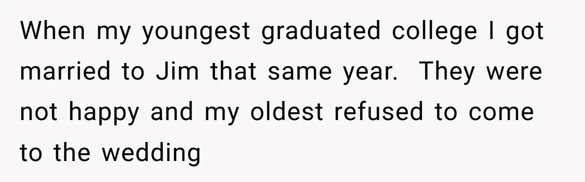 When my youngest graduated college I got married to Jim that same year.  They were not happy and my oldest refused to come to the wedding