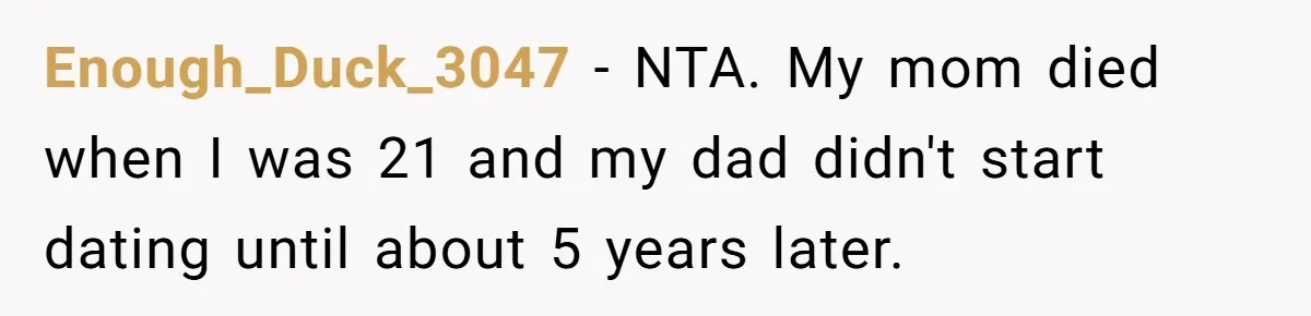 Enough_Duck_3047 − NTA. My mom died when I was 21 and my dad didn't start dating until about 5 years later.