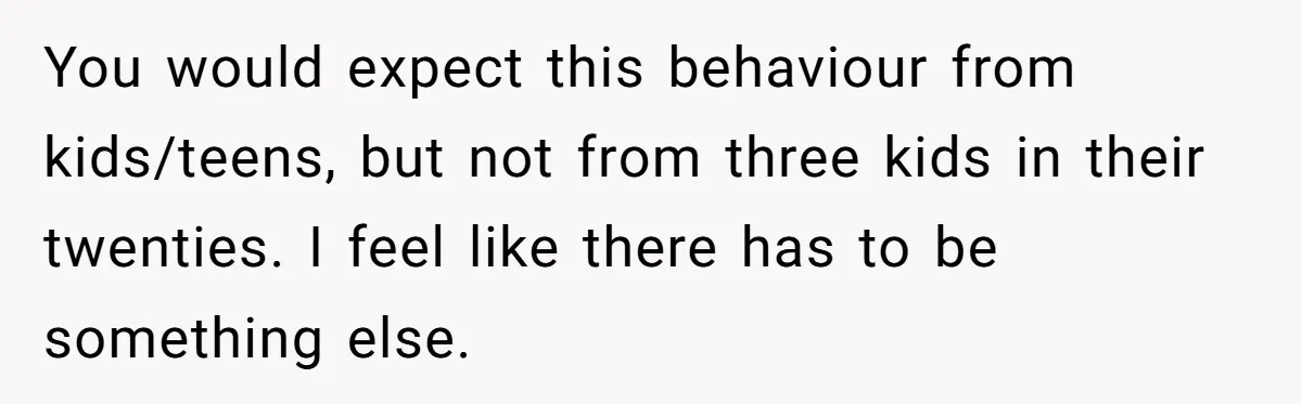 You would expect this behaviour from kids/teens, but not from three kids in their twenties. I feel like there has to be something else.