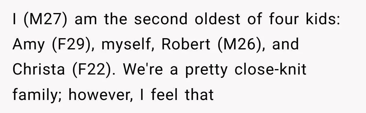 Why a Brother Had to Hide His Holiday Plans to Avoid Family Judgment I (M27) am the second oldest of four kids: Amy (F29), myself, Robert (M26), and Christa (F22). We're a pretty close-knit family; however, I feel that