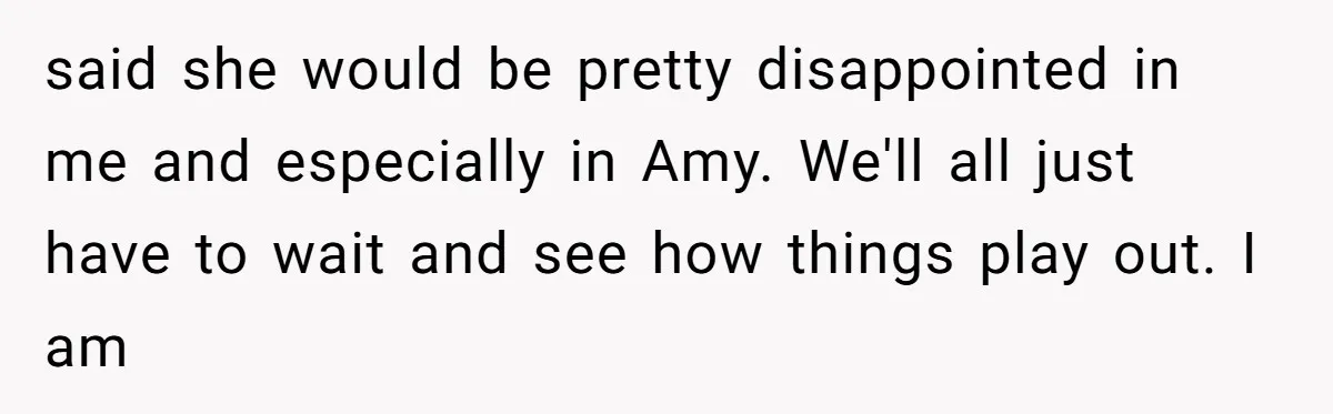 Why a Brother Had to Hide His Holiday Plans to Avoid Family Judgment said she would be pretty disappointed in me and especially in Amy. We'll all just have to wait and see how things play out. I am