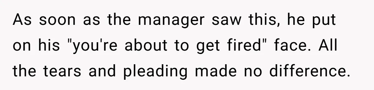 As soon as the manager saw this, he put on his "you're about to get fired" face. All the tears and pleading made no difference.