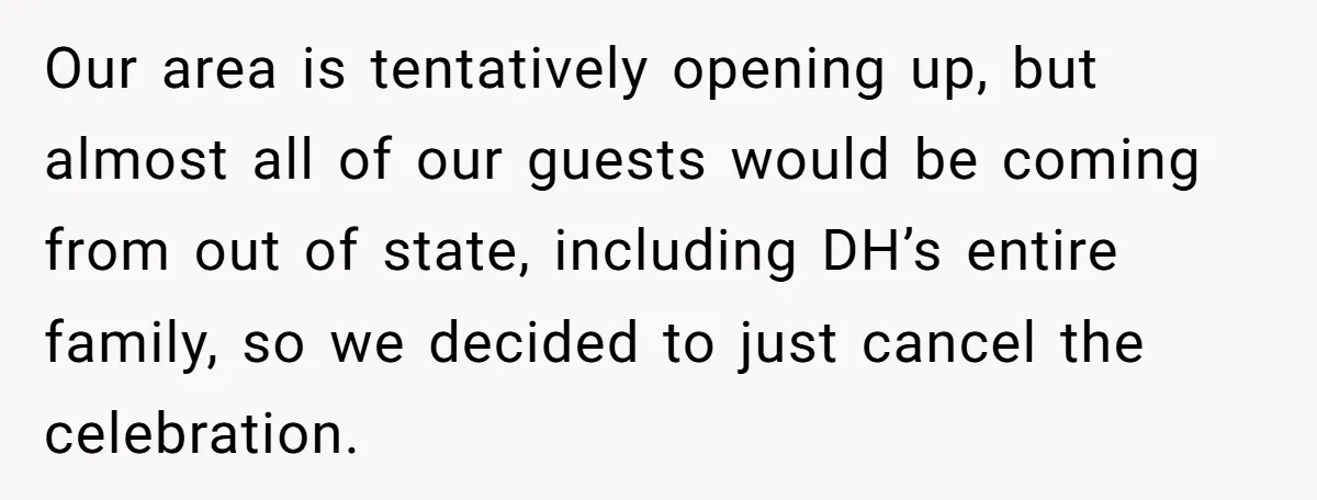 Our area is tentatively opening up, but almost all of our guests would be coming from out of state, including DH’s entire family, so we decided to just cancel the...