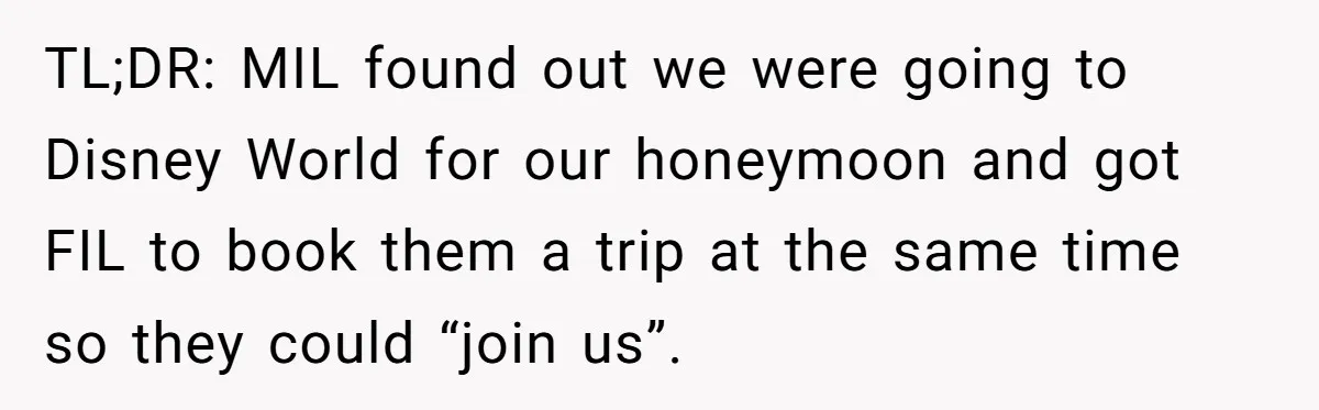TL;DR: MIL found out we were going to Disney World for our honeymoon and got FIL to book them a trip at the same time so they could “join us”.