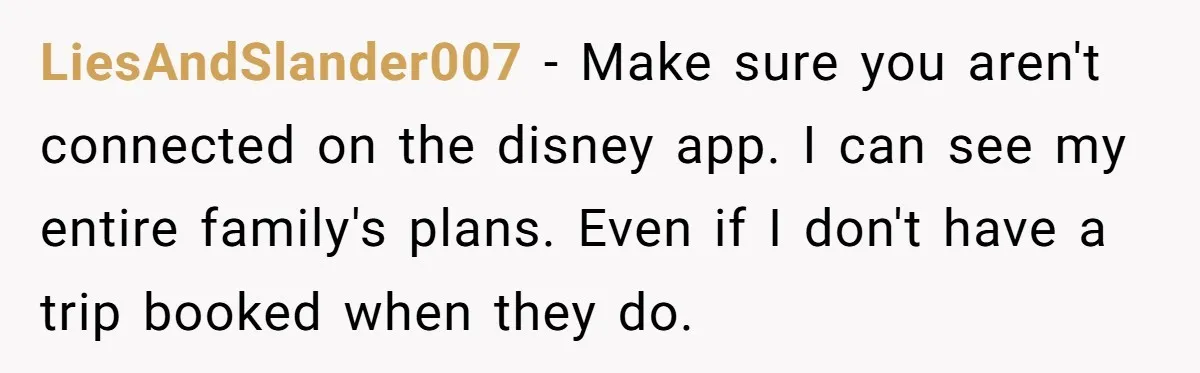 LiesAndSlander007 − Make sure you aren't connected on the disney app. I can see my entire family's plans. Even if I don't have a trip booked when they do.