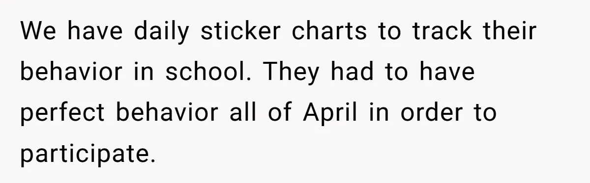 We have daily sticker charts to track their behavior in school. They had to have perfect behavior all of April in order to participate.