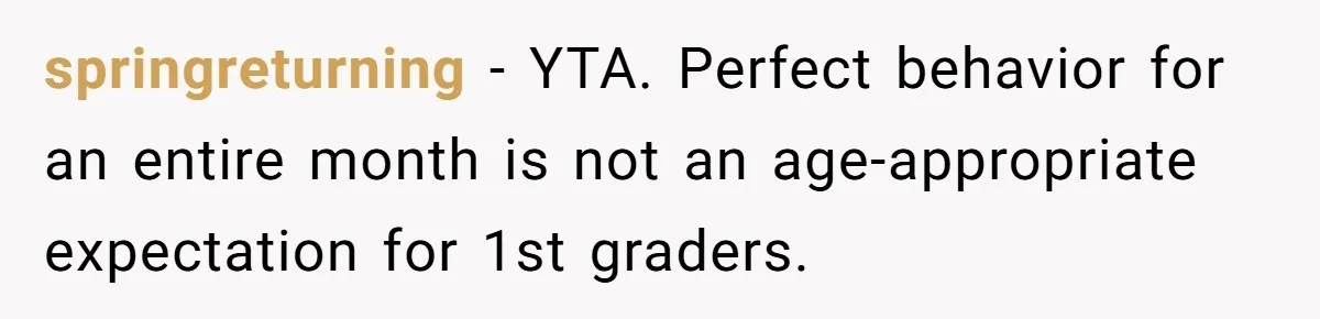 springreturning − YTA. Perfect behavior for an entire month is not an age-appropriate expectation for 1st graders.