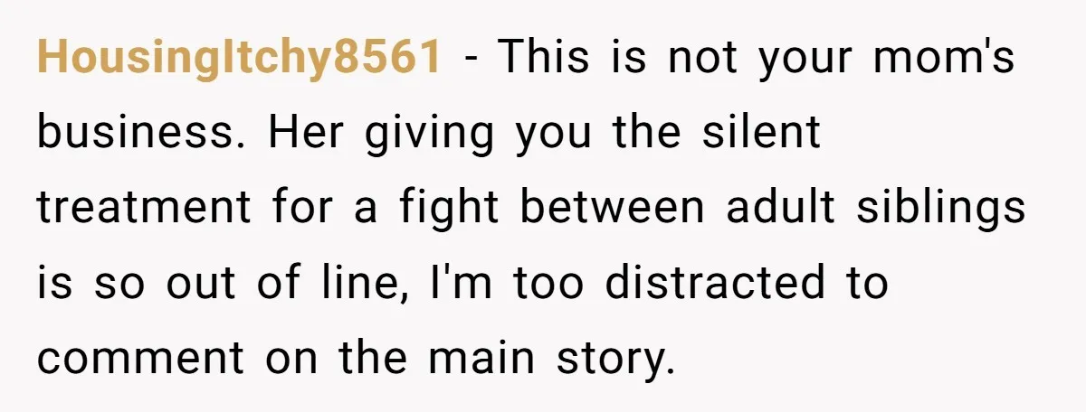 HousingItchy8561 − This is not your mom's business. Her giving you the silent treatment for a fight between adult siblings is so out of line, I'm too distracted to comment...