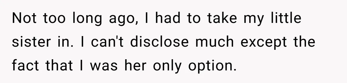 Not too long ago, I had to take my little sister in. I can't disclose much except the fact that I was her only option.