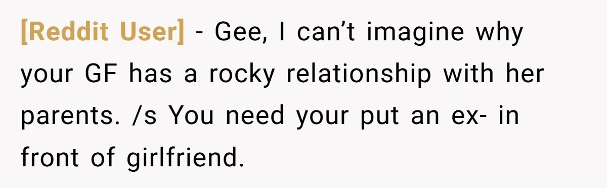 [Reddit User] − Gee, I can’t imagine why your GF has a rocky relationship with her parents. /s You need your put an ex- in front of girlfriend.