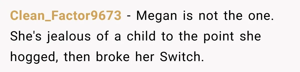 Clean_Factor9673 − Megan is not the one. She's jealous of a child to the point she hogged, then broke her Switch.