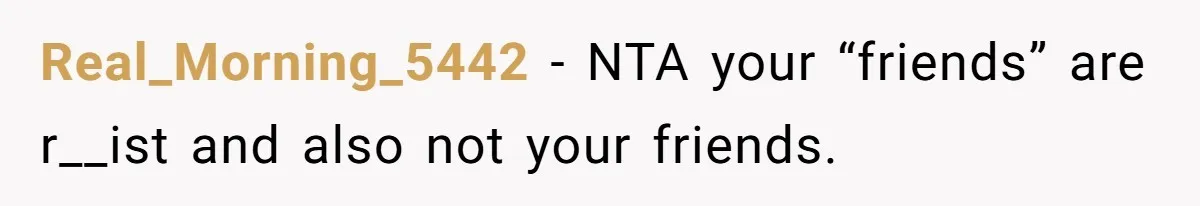 Real_Morning_5442 − NTA your “friends” are r__ist and also not your friends.