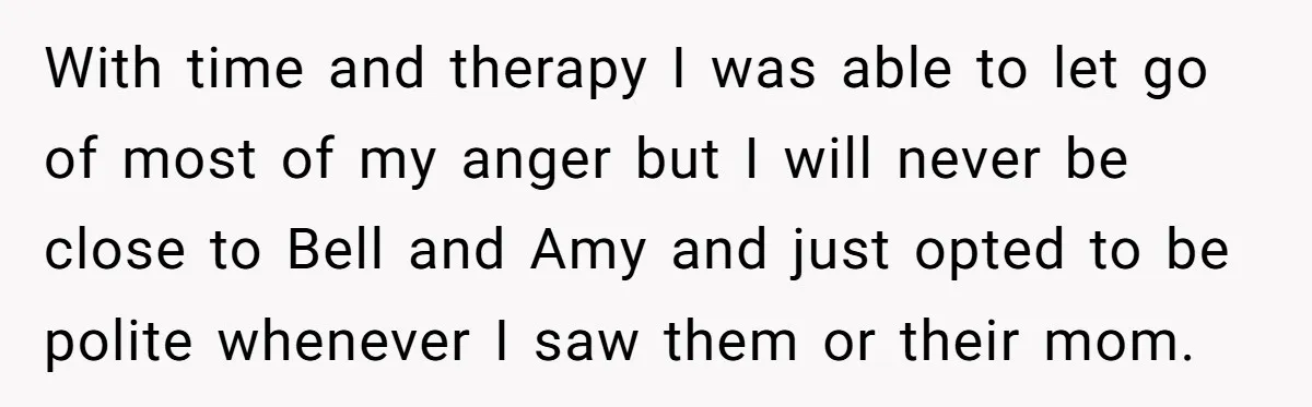 With time and therapy I was able to let go of most of my anger but I will never be close to Bell and Amy and just opted to be...