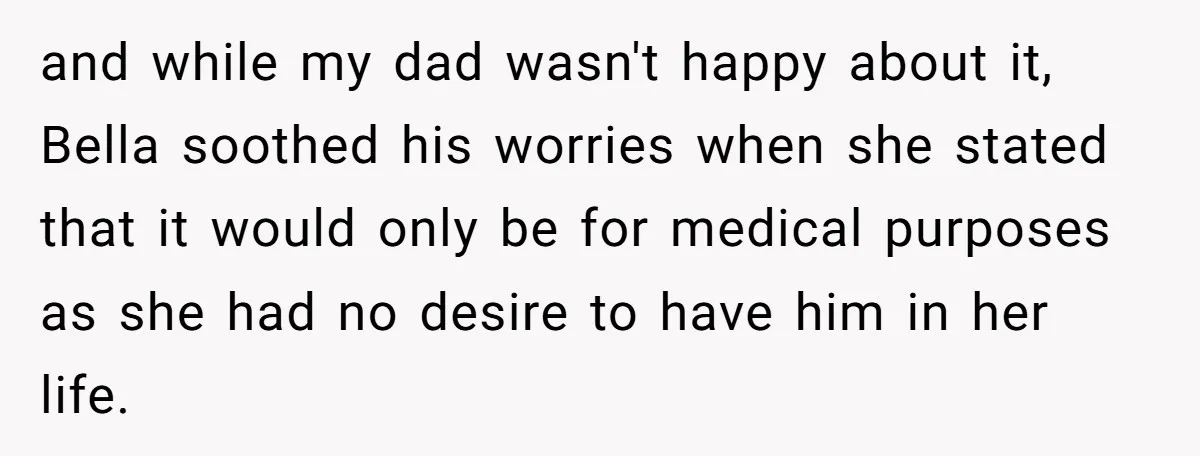 and while my dad wasn't happy about it, Bella soothed his worries when she stated that it would only be for medical purposes as she had no desire to have...