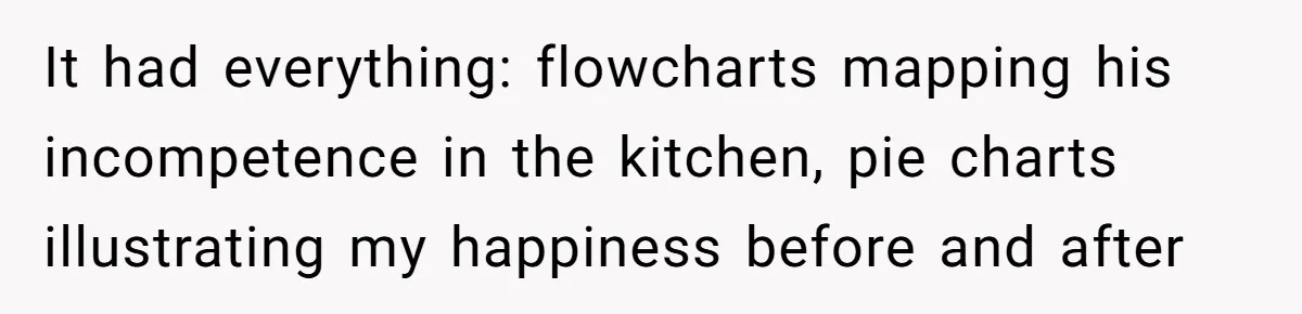 It had everything: flowcharts mapping his incompetence in the kitchen, pie charts illustrating my happiness before and after