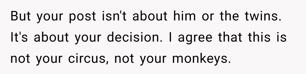 But your post isn't about him or the twins. It's about your decision. I agree that this is not your circus, not your monkeys.