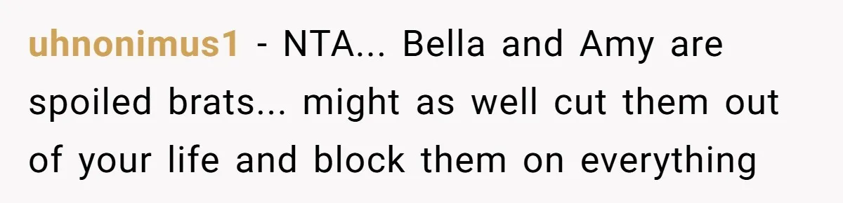 uhnonimus1 − NTA... Bella and Amy are spoiled brats... might as well cut them out of your life and block them on everything