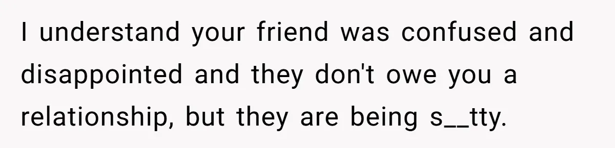 I understand your friend was confused and disappointed and they don't owe you a relationship, but they are being s__tty.