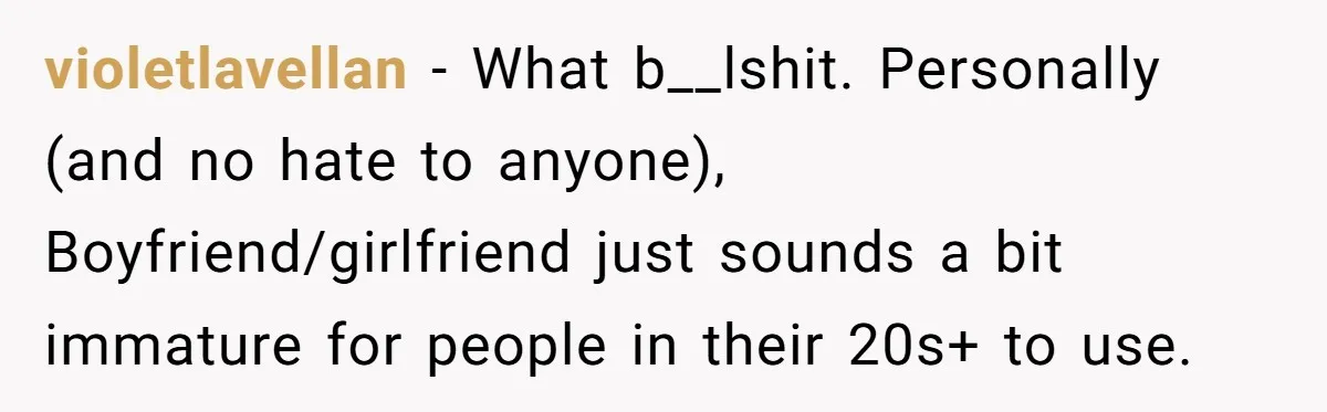 violetlavellan − What b__lshit. Personally (and no hate to anyone), Boyfriend/girlfriend just sounds a bit immature for people in their 20s+ to use.