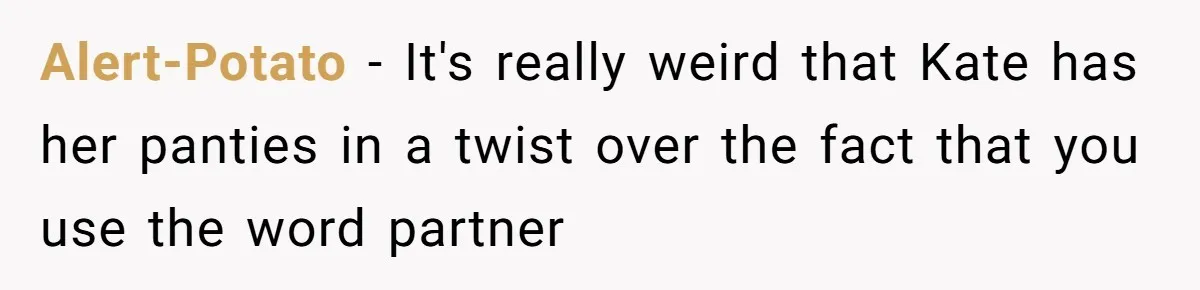 Alert-Potato − It's really weird that Kate has her panties in a twist over the fact that you use the word partner