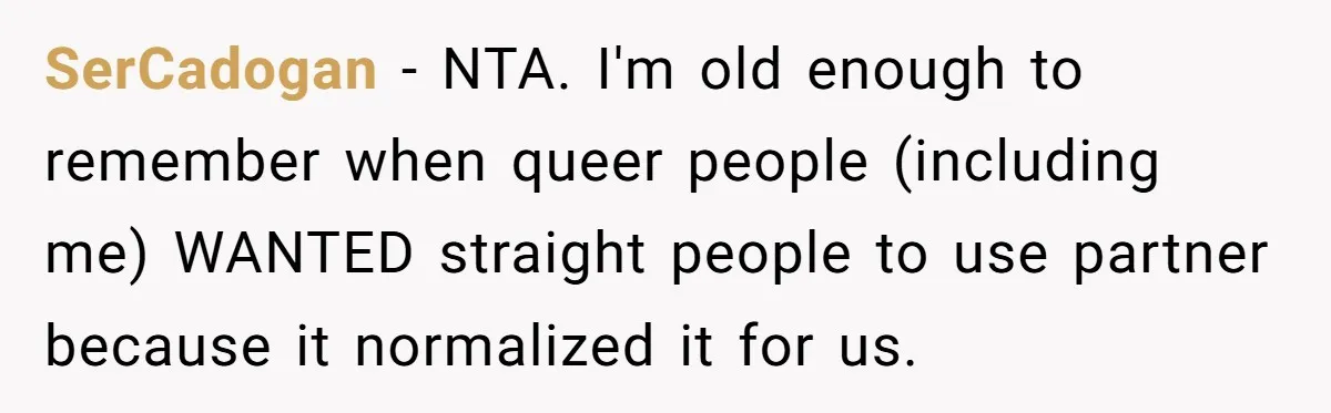 SerCadogan − NTA. I'm old enough to remember when queer people (including me) WANTED straight people to use partner because it normalized it for us.
