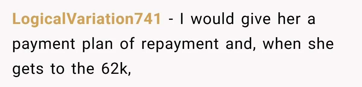 LogicalVariation741 − I would give her a payment plan of repayment and, when she gets to the 62k,