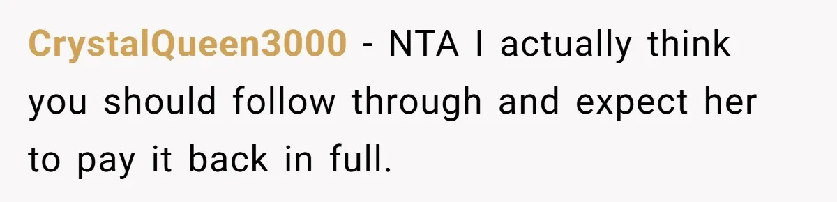 CrystalQueen3000 − NTA I actually think you should follow through and expect her to pay it back in full.