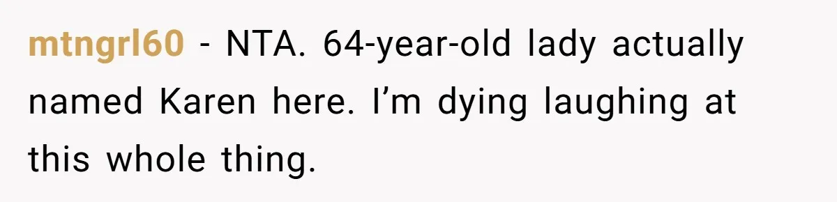 mtngrl60 − NTA. 64-year-old lady actually named Karen here. I’m dying laughing at this whole thing.