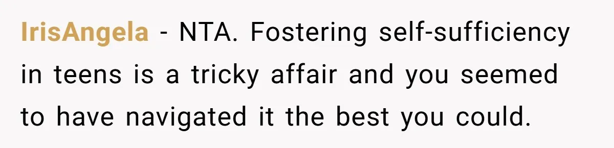 IrisAngela − NTA. Fostering self-sufficiency in teens is a tricky affair and you seemed to have navigated it the best you could.