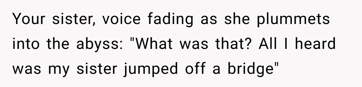 Your sister, voice fading as she plummets into the abyss: "What was that? All I heard was my sister jumped off a bridge"