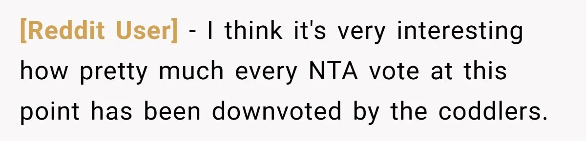 [Reddit User] − I think it's very interesting how pretty much every NTA vote at this point has been downvoted by the coddlers.