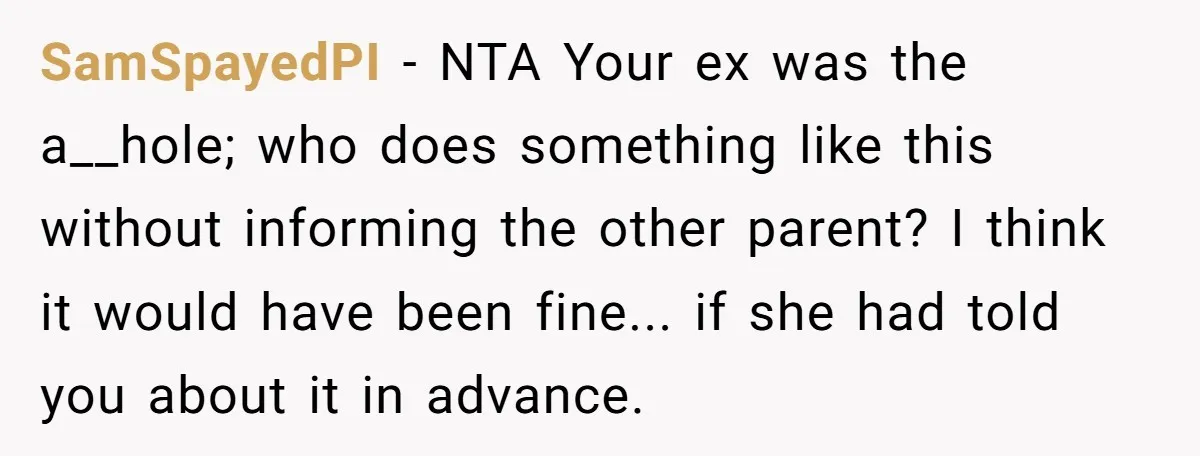 SamSpayedPI − NTA Your ex was the a__hole; who does something like this without informing the other parent? I think it would have been fine... if she had told you...