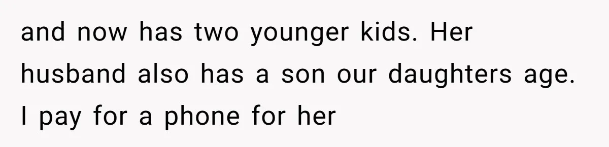 and now has two younger kids. Her husband also has a son our daughters age. I pay for a phone for her