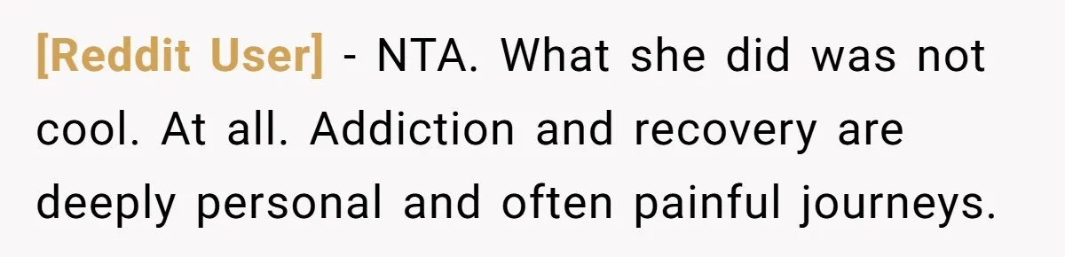 [Reddit User] − NTA. What she did was not cool. At all. Addiction and recovery are deeply personal and often painful journeys.