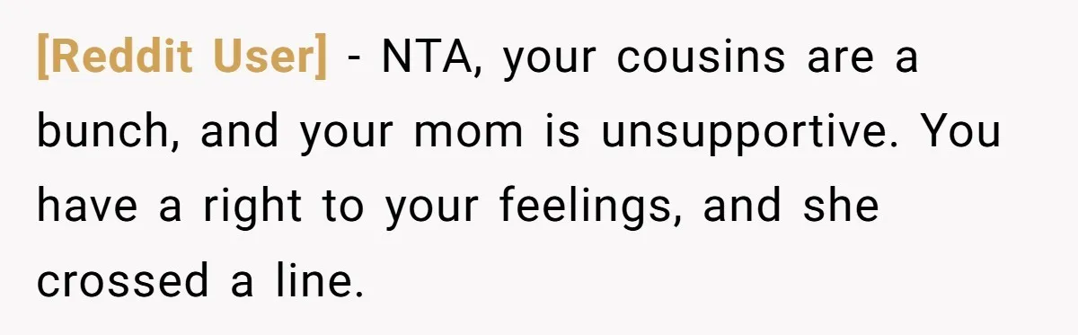 [Reddit User] − NTA, your cousins are a bunch, and your mom is unsupportive. You have a right to your feelings, and she crossed a line.