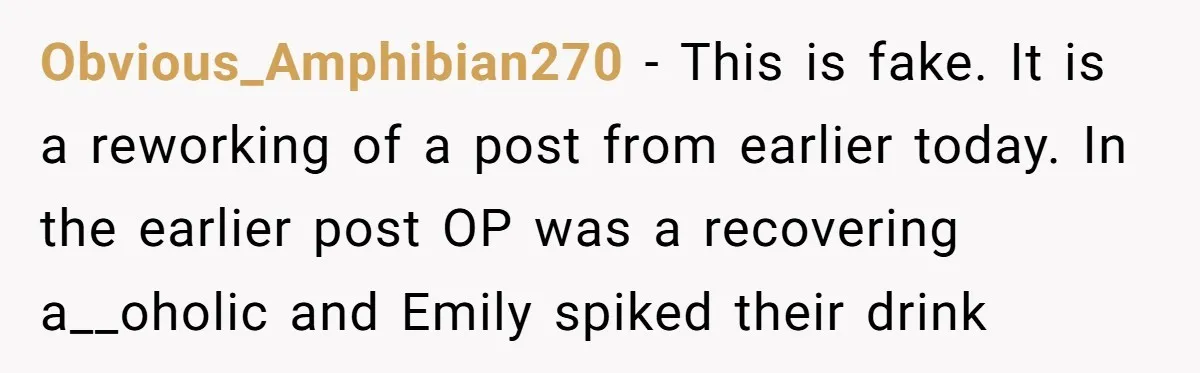 Woman Refuses Cousin’s Wedding After “Recovering From Drugs” Cake Humiliates Her Obvious_Amphibian270 − This is fake. It is a reworking of a post from earlier today. In the earlier post OP was a recovering a__oholic and Emily spiked their drink